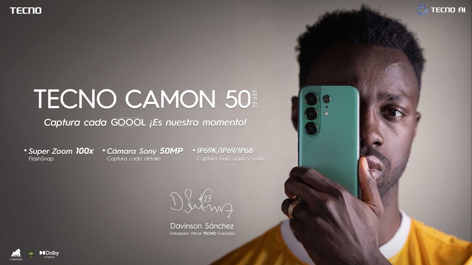 TECNO CAMON 50 en Colombia: Sensor Sony, Inteligencia Artificial y Davinson Sánchez a la cancha